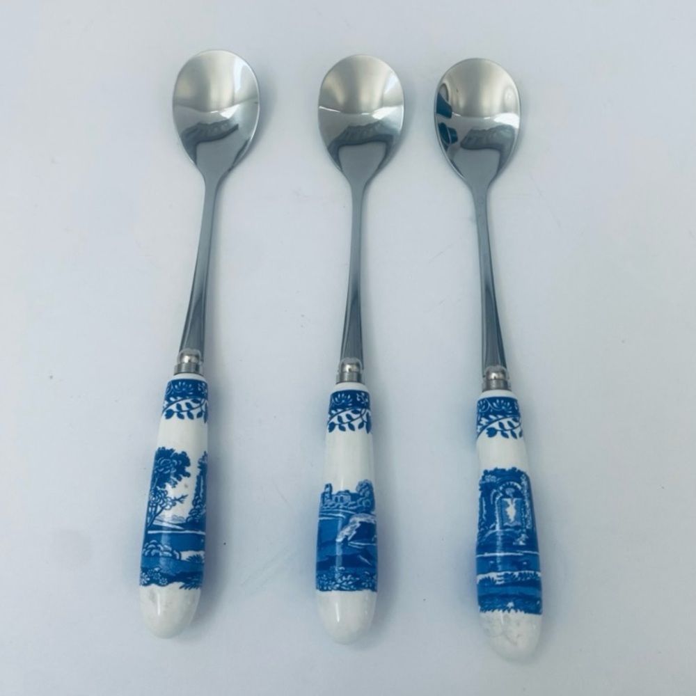 Spode Blue And White Italian Design Teaspoons Porcelain Handles Set of 3